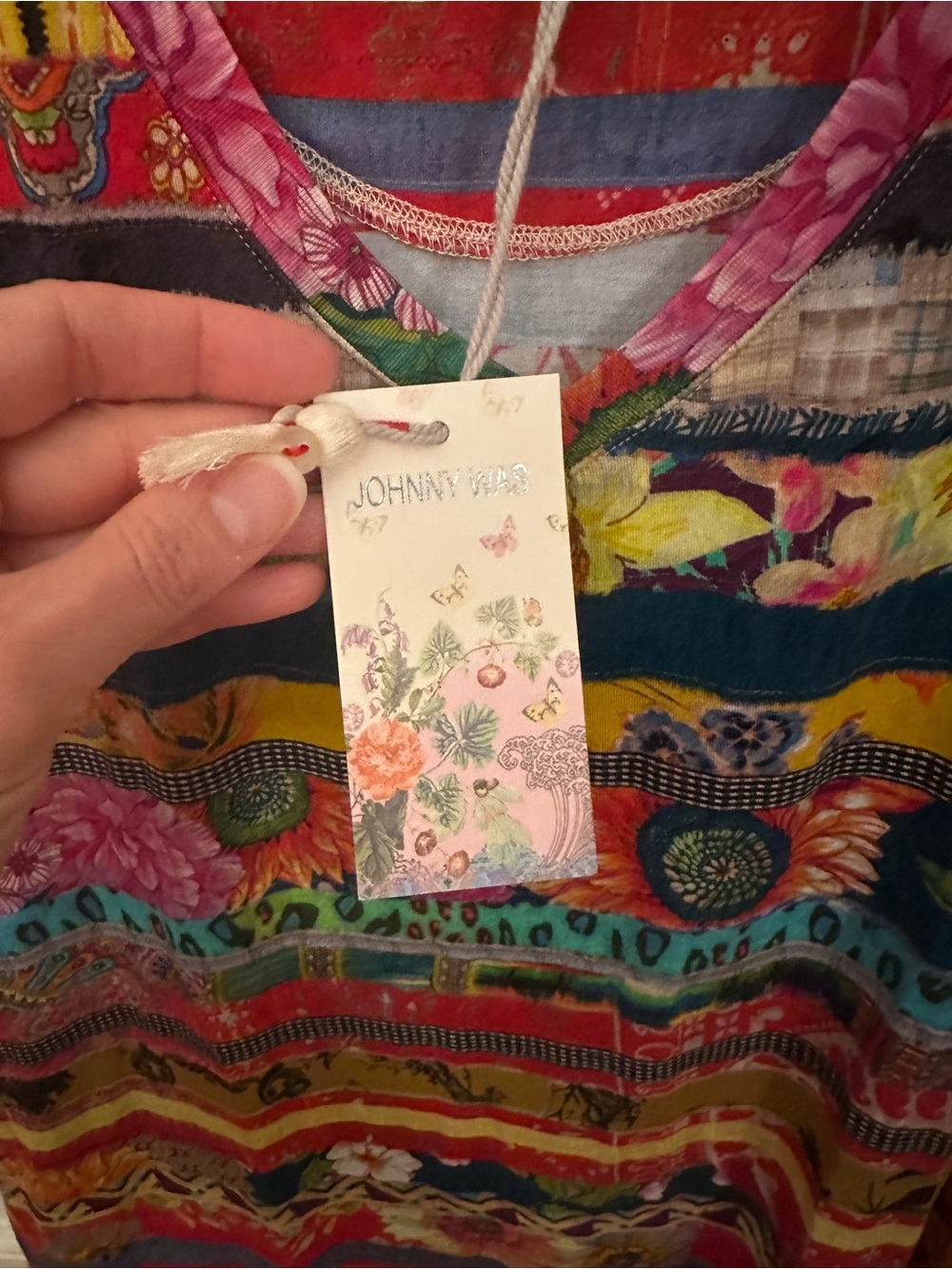 Johnny Was Multicolor Floral Stripe V-Neck Tee - Picture 3 of 5